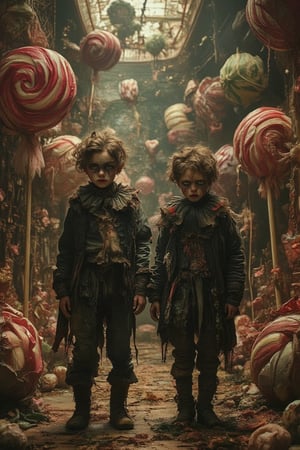 A grotesque fairytale scene featuring twin boys 11 years old  in a fantastical candy world . The twin boys are dressed in tattered, dark clothing . The scene is framed in a medium shot, with a mix of soft and harsh lighting, casting spooky shadows. The composition is surreal, with oversized candy elements like lollipops and gumdropThe location is a nightmarish Candyland, blending the whimsical with the macabre.