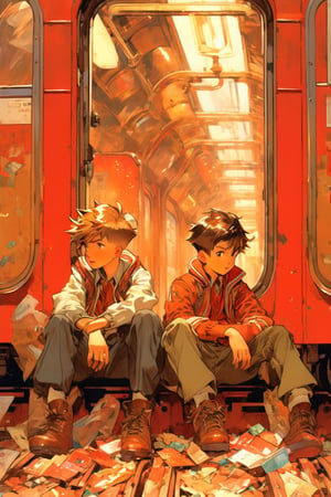 anime artwork, 2 boys,10 years old, sitting on train, red interior, rust, garbage on the floor, broken bottles, art by J.C. Leyendecker . anime style, key visual, vibrant, studio anime, highly detailed