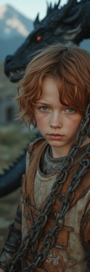 A mesmerizing (closeup of an alluring eleven year old boy warrior), his copper hair messy and unkempt, green eyes piercing as flames lick at tattered fabric clinging to his flawless pale skin with subtle freckles. Chains bind his body as he dangles suspended from a tree, tears rolling down his cheeks as he cries and screams. His toned body is showcased against the majestic Nordic landscape of ancient ruins and towering mountains, warm firelight highlighting his features. The camera captures every detail: realistic facial texture,and anatomical precision. The air is thick with wonder as an English-style black (((dragon))) majestically fills the backdrop, its massive presence complemented by a stone pedestal bearing the carved text: ['Here be Dragons!'].