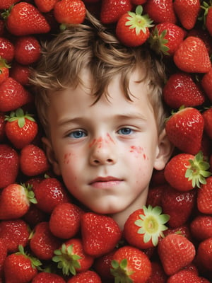 a beautiful cute ten year old boy laying on a big pile of strawberries, rolling eyes, messy hair, pointy nose, slightly freckled, closeup, (red_lip_gloss:0.5), strawberries everywhere