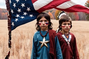 surreal, official art, raw photo, best quality, thanksgiving, 2 boys,kid,child, fim, us flag, dramatic, cinematic,native american tothem