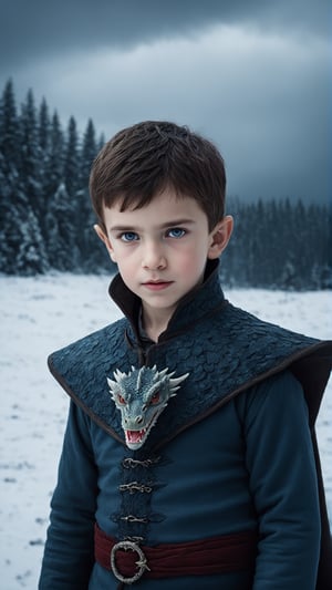 (fantasy style, portrait of a extremely beautiful   ten-year-old vampire boy . The boy should have detailed face features, including sharp eyes and soft skin that enhance his allure. The photo should be captured in an organic and photorealistic style, with intricate details that create a hyperrealistic effect., close-up, extremely beautiful, beautiful gray eyes, cold atmosphere, winter theme, (((hugging the baby dragon))), snow , Game of thrones style, pine trees, dark storm clouds, fluffy clouds in the background, unreal engine, (masterpiece, intricate, epic details, sharp focus, dramatic and surreal oil painting),cute dragon