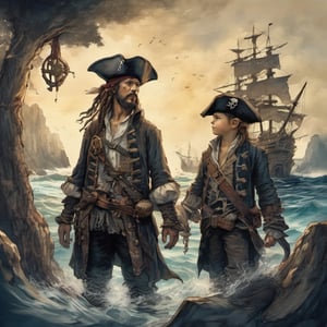 2 boys pirate portrait, ink scenery,  scenery, black teme, pirate ship, sea, light, 8k,detailed, muted color, ink art 