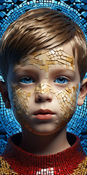  3d rendering rollei prego of a cute ten year old boy, datamoshing style, cubist surrealism,  mosaic shapes, aesthetic, rich dark shadows, global illumination, ray tracing, UHD,red blue and gold color scheme, chipped paint, boy android, visible pores, symmetrical beautiful human face, amazing splashscreen artwork, lindsay adler