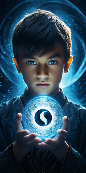 fantasy photo, 1boy, mage, 11yo, powerful, detailed face, detailed pupils, glowing pupils, glowing yin-yang energy swirling around body, magic,shirt_only, majestic, mysterious magic realm, vintage photo, hyper realistic, film grain, cinematic lighting, subsurface scattering, 16k