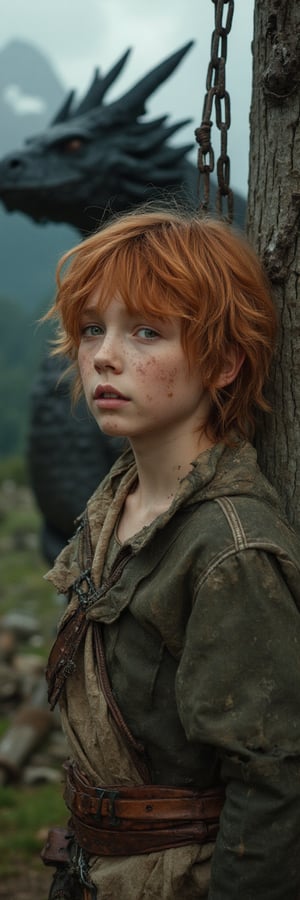 A mesmerizing (closeup of an alluring eleven year old boy warrior), his copper hair messy and unkempt, green eyes piercing as flames lick at tattered fabric clinging to his flawless pale skin with subtle freckles. Chains bind his body as he dangles suspended from a tree, tears rolling down his cheeks as he cries and screams. His toned body is showcased against the majestic Nordic landscape of ancient ruins and towering mountains, warm firelight highlighting his features. The camera captures every detail: realistic facial texture,and anatomical precision. The air is thick with wonder as an English-style black (((dragon))) majestically fills the backdrop, its massive presence complemented by a stone pedestal bearing the carved text: ['Here be Dragons!'].