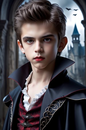Create a color photo of an extremely beautiful  vampire boy . The boy should have detailed face features, including sharp eyes and soft skin that enhance his allure. The photo should be captured in an organic and photorealistic style, with intricate details that create a hyperrealistic effect. The atmosphere of the scene should be delightful, glamorous, and captivating, evoking a dreamlike and marvelous feeling. The boy should strike a seductive pose, showcasing his irresistible charm. The photo should be taken by a combination of photographers: Mark Tedin, Jean-Marc Nattier, Tim Burton, Carne Griffiths, and Wadim Kashin. The camera used should be a Lora: Leonardo Illustration with a 0.6 aperture and a Lora: Neg4all XL Bdsqlsz V5 lens with a 0.7 aperture. The aspect ratio of the photo should be 2:3.