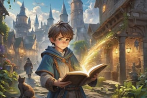 (a young boy in magic fantasy world), (ultra detailed wizard outfit), (beautifully drawn face:1.2), (arcane) symbols, (potions), plants, (a small cat pet), (magic) dust, spell book, reading book, (a view of complex ultra detailed medieval fantasy city:1.2), (epic high fantasy:1.4), (outdoors:1.2), (Ancient artifacts:1.2), (Legendary weapons), (a small wooden toy), (intricate details:1.4), colorful details, iridescent colors, ((masterpiece, best quality)), 4k, ultra detailed, solo, detailed lighting, inspired by Hayao Miyazaki, official art, promotional art, composition, High Detail, dramatic ( very detailed background, detailed face, detailed complex busy background : 0.8 ) , 
