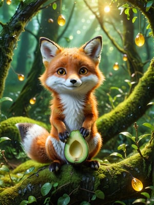 ultra realistic, best quality, cinematic, ultra detailed picture of beautiful cute friendly fox earing avocado in an enchanted forest landscape, sharp focus, work of art and beauty, fireflies, magic lights, 8k UHD, more detail XL