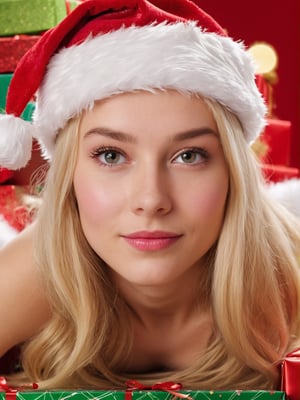 photo r3al, beautiful girl laying down on a big pile of christmas gifts, blonde hair, closeup, naturally_censored, looking_at_viewer, bare shoulders, pink dress, santa hat, closed mouth, clean face, natural face, Movie Still, smirking, 