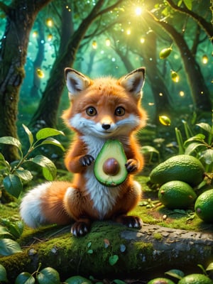 ultra realistic, best quality, cinematic, ultra detailed picture of beautiful cute friendly fox eating avocado in an enchanted forest landscape, sharp focus, work of art and beauty, fireflies, magic lights, 8k UHD, more detail XL