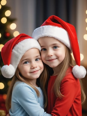 photo r3al, masterpiece, best quality, extremely detailed, 8k, realistic, two little sisters hugging, white skin, detailed eyes, realistic eyes, cute, (((closed mouth, closeup, closed eyes))), living room, professional photography, natural face, warm lighting, upper body, smile, santa hat, standing, bright lighting