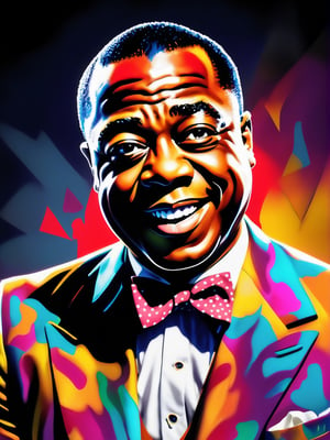 Louis Armstrong portrait, bow_tie, Leonardo Style, Bold, Digital Painting, Edgy, Colorful, 8K UHD, Intricate Details, happy lighting, hyper-realistic details, with digital painting techniques, trending on Artstation, cinematic lighting, realistic hair, detailed hair, (upper body), vaporwave, bright lighting, aestethic,