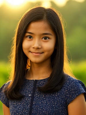 photo r3al, Movie Still, teen girl, masterpiece, best quality, ultra quality, ultra detailed, detailed eyes, proper anatomy, Malaysian, warm lighting, black hair, simple dress with pattern, standing, looking at viewer, plain, average, natural face, closeup, smirking, sunlight, outdoors, dimples, (((closed mouth)))