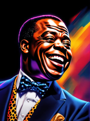 pure Louis Armstrong portrait, bow_tie, Leonardo Style, Bold, Digital Painting, Edgy, Colorful, 8K UHD, Intricate Details, happy lighting, hyper-realistic details, with digital painting techniques, trending on Artstation, cinematic lighting, realistic hair, detailed hair, (upper body), vaporwave, bright lighting, aestethic, smile, front_view