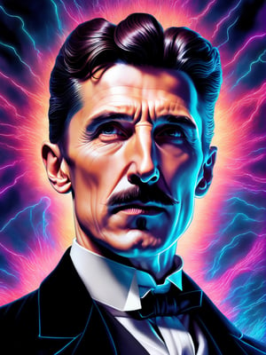 Nikola Tesla artwork, Leonardo Style, Bold, Digital Painting, Edgy, Colorful, 8K UHD, Intricate Details, happy lighting, hyper-realistic details, with digital painting techniques, trending on Artstation, cinematic lighting, realistic hair, detailed hair, (upper body), vaporwave, bright lighting, aestethic, electricity effect, smooth face