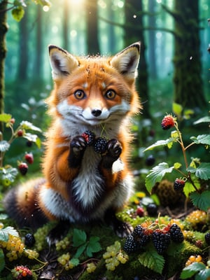 ultra realistic, best quality, cinematic, ultra detailed picture of beautiful cute friendly fox eating blackberries in an enchanted forest landscape, sharp focus, work of art and beauty, magic lights, 8k UHD, more detail XL