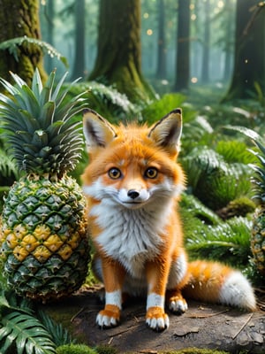 ultra realistic, best quality, cinematic, ultra detailed picture of beautiful cute friendly fox earing pineapple in an enchanted forest landscape, sharp focus, work of art and beauty, 8k UHD, more detail XL