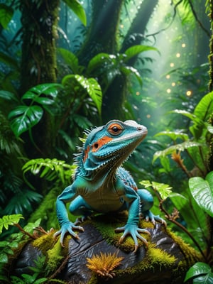 ultra realistic, best quality, cinematic, ultra detailed picture of cute lizard in the enchanted rainforest landscape, sharp focus, view from above, work of art and beauty, 8k UHD, more detail XL, magic lights
