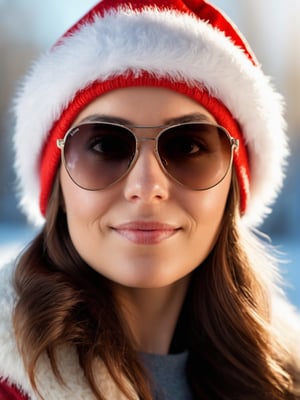 photo r3al, photorealistic, masterpiece, hyperdetailed photography, solo female, best quality, 8k, ultra quality, ultra detailed, closed mouth, warm lighting, soft lighting, (closeup), looking_at_viewer, facing viewer, front_view, santa hat, winter, outdoors, sunglasses,