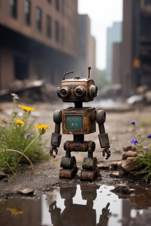 Dystopian style lonely tiny robot, rusty worn patina, hopeless forlorn expression, looking down, post-apocalypse cityscape, large piles of rubble, thick dark smoke, wet after rainstorm, reflections, sunbeams, dark shadows, natural lighting, single wildflower expressing hope, bokeh, searing astonishing Bleak, post-apocalyptic, somber, dramatic, highly detailed,