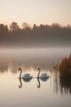 A minimalist scene of a pair of swans gliding across a misty lake, golden hour sunlight on the water, colors of different shades in sky, with a few reeds breaking the surface. The soft mist and the calm water create a serene and timeless atmosphere. The color grading should emphasize the gentle grays of the mist and water, contrasted with the elegant white of the swans, enhancing the peaceful and minimalist quality of the image. Shot on a Fujifilm GFX 100S with a Fujinon GF 110mm f/2 R LM WR lens by Marta Bevacqua.