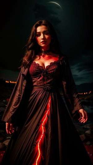 a witch in a red dress, with black intricate robe, vibrant palette, twisted god with no face, apokalyptic, (Hell and (rivers of blood in the background)), with dark radiant halo