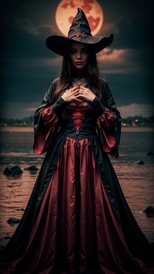 a witch in a red dress, with black intricate robe, vibrant palette, twisted god with no face, apokalyptic, (Hell and (rivers of blood in the background)), with dark radiant halo