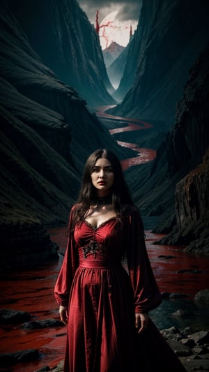 a witch in a red dress, with black intricate robe, vibrant palette, twisted god with no face, apokalyptic, (Hell and (rivers of blood in the background)), with dark radiant halo