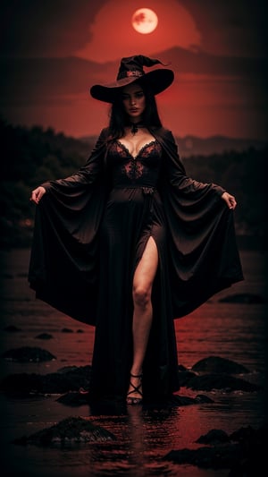 a witch in a red dress, with black intricate robe, vibrant palette, twisted god with no face, apokalyptic, (Hell and (rivers of blood in the background)), with dark radiant halo