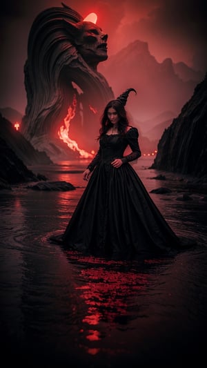 a witch in a red dress, with black intricate robe, vibrant palette, twisted god with no face, apokalyptic, (Hell and (rivers of blood in the background)), with dark radiant halo