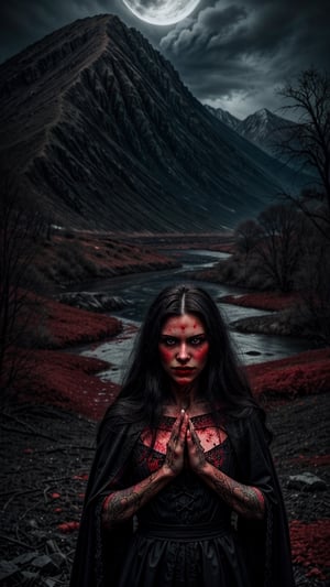 a witch in a red dress, with black intricate robe, vibrant palette, twisted god with no face, apokalyptic, (Hell and (rivers of blood in the background)), with dark radiant halo