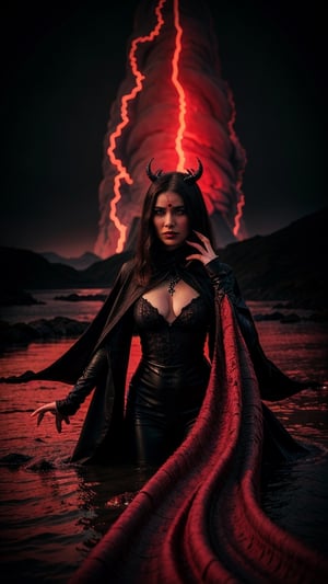 a witch in a red dress, with black intricate robe, vibrant palette, twisted god with no face, apokalyptic, (Hell and (rivers of blood in the background)), with dark radiant halo