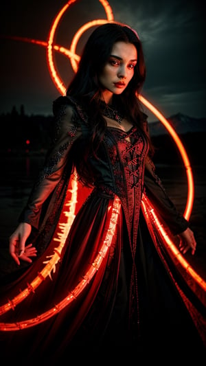 a witch in a red dress, with black intricate robe, vibrant palette, twisted god with no face, apokalyptic, (Hell and (rivers of blood in the background)), with dark radiant halo