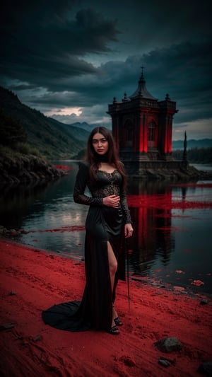 a witch in a red dress, with black intricate robe, vibrant palette, twisted god with no face, apokalyptic, (Hell and (rivers of blood in the background)), with dark radiant halo