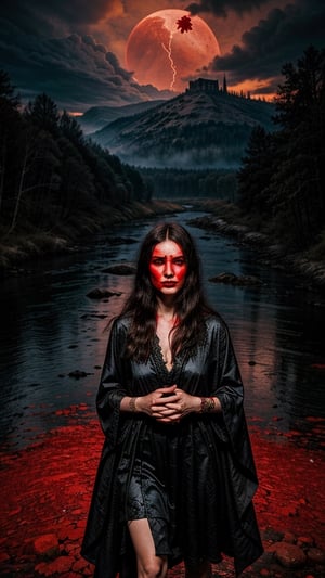 a witch in a red dress, with black intricate robe, vibrant palette, twisted god with no face, apokalyptic, (Hell and (rivers of blood in the background)), with dark radiant halo