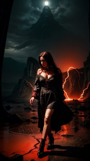 a witch in a red dress, with black intricate robe, vibrant palette, twisted god with no face, apokalyptic, (Hell and (rivers of blood in the background)), with dark radiant halo