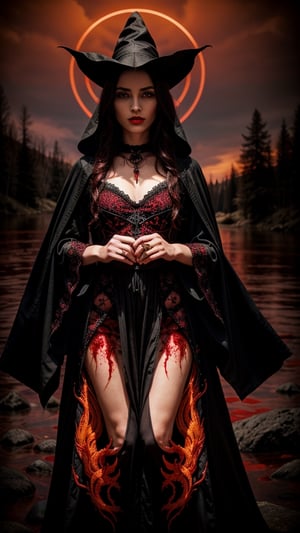 a witch in a red dress, with black intricate robe, vibrant palette, twisted god with no face, apokalyptic, (Hell and (rivers of blood in the background)), with dark radiant halo