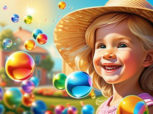 photorealistic, Create a digital artwork capturing the magic of a sunny afternoon. Position the main subject, a happy boy or girl, at one of the intersections of the Rule of Thirds grid. making bubbles, cubism dress style, Surround them with floating bubbles, allowing them to reach toward the opposite grid intersection. Use vibrant colors and soft lighting to enhance the joyful atmosphere. diffused light, 32k, bright, clear, sharp, by Ailove, denoise, highly detail, ar 16:9,