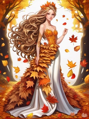 flowing art, oil paint drawing of autumn queen made of autumn leaves, flowing dress of leaves, long hair of leaves,  looking cute, highly details. l. 32k, by AiLove, ultra hd, glossy, highly detailed, high contrast, vibrant masterpiece, artstation, concept art, 24K, by AiLove, fit in canvas, bright, clear, sharp, sparkle, centered,