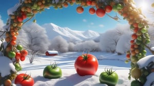 photorealistic, A picturesque winter garden featuring vibrant red and green tomatoes, nestled amidst the snow, creating a striking contrast, highlighting their natural beauty during the winter season , highly details. ultra hd, art by aiLove  glossy, high contrast, vibrant masterpiece, fit in canvas, artstation, 32K, bright, clear, highly sharp, ultra hd, Sparkling, denoise 