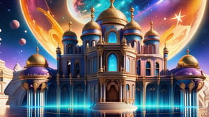 photorealistic, Design a celestial palace suspended amidst a sea of twinkling stars, with a cosmic panorama that evokes a sense of wonder and enchantment, showcasing the palace in dazzling, starry colors.  intricte detail,  highly details. ultra hd, art by aiLove  glossy, high contrast, vibrant masterpiece, fit in canvas, artstation, 32K, bright, clear, highly sharp, ultra hd, Sparkling, denoise 