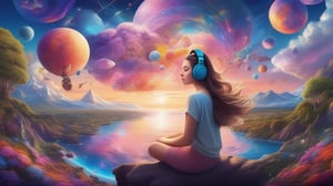 Craft an artistic dreamscape where the woman is seated on a cloud of colors while her headphones transport her into a surreal world of enchanting melodies, 18 year old making it a perfect album cover for dreamy music,  by AiLove, Bright, Clear, Sparkly, denoise, uhd, highly detailed,