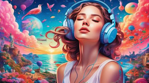 Craft an artistic dreamscape where the woman is seated on a cloud of colors while her headphones transport her into a surreal world of enchanting melodies, 18 year old making it a perfect album cover for dreamy music,  by AiLove, Bright, Clear, Sparkly, denoise, uhd, highly detailed,