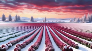 photorealistic, A snowy field with rows of vibrant red and green kale crops standing out against the white landscape, highly glowing, , highly details. ultra hd, art by aiLove  glossy, high contrast, vibrant masterpiece, fit in canvas, artstation, 32K, bright, clear, highly sharp, ultra hd, Sparkling, denoise 