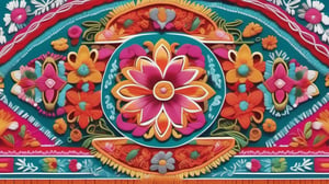 Craft an image that pays tribute to Mexican embroidery, highlighting the vibrant and intricate designs of this heritage craft, glossy, 32K,  by AiLove, fit in canvas, bright, clear, sharp, ultra hd, Sparkling, denoise,