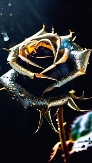 A Beautiful black rose with gold vantablack petals, golden thorns, mystical aura, elegant, rosepunk, thornpunk, dslr photography, wateer droplets on the rose, stunning lighting