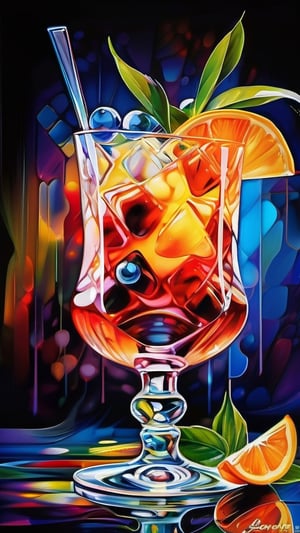 "Impressionism" cocktail, colorful, atmospheric, particles, light strength, with an interesting sweet and sour taste with slight bitterness and with fruit and citrus aroma, Aaron Horkey, Leonid Afremov, Martin Ansin, hdr, high contrast, Mysterious