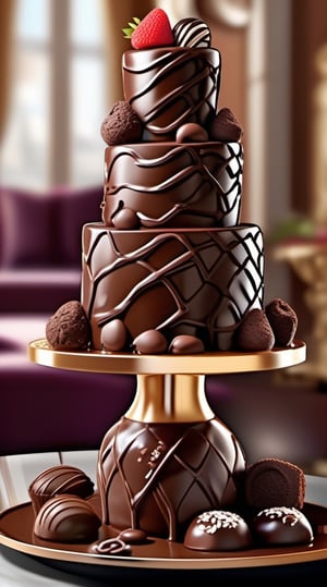 Indulge in a sumptuous chocolate fantasy. Design an image where the entire setting, from landscapes to architecture, is entirely composed of delectable chocolate. Make it a visual feast that appeals to the senses with luscious textures and warm, inviting tones, glossy, sparkle, 32k, uhd, by AiLove,