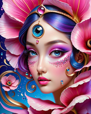 3d, art Deco, glamour impressionism, pink blue  purple and gold glowing multilayers,   Yin Yang s professional masterpiece action painting oil highly stylized painting mixed with lines markers art by Christine Ellger, Josephina Wall, Mark Ryden, digital art, beautiful tender poppy and rye fairy dragon girl, detailed swirling scales sharp glowing eyes, two parts in one art,  . expressive eyes, complex patterns, sunset, detailed petals texture, water drops on petals, detailed transparent petals texture, sculptural art, artistic tender. beautiful, tiny detailed, highly detailed, bright, clear, 